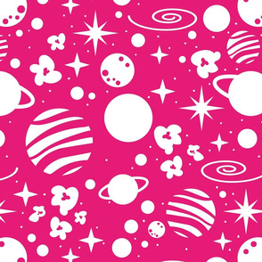 Normal scale // Monochromatic intergalactic dreams coordinate // fuchsia pink background white planets and stars