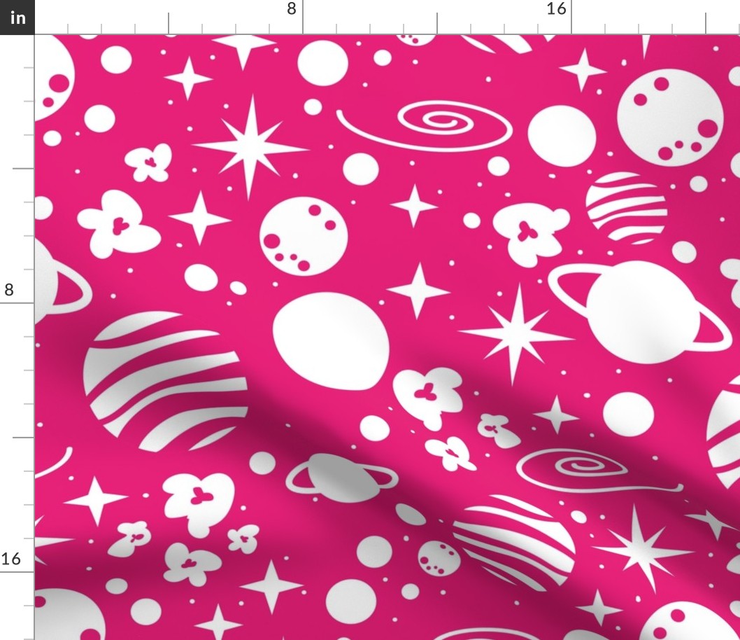 Normal scale // Monochromatic intergalactic dreams coordinate // fuchsia pink background white planets and stars