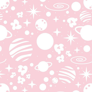 Normal scale // Monochromatic intergalactic dreams coordinate // pastel pink background white planets and stars
