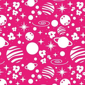 Small scale // Monochromatic intergalactic dreams coordinate // fuchsia pink background white planets and stars