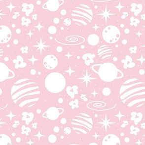 Small scale // Monochromatic intergalactic dreams coordinate // pastel pink background white planets and stars