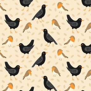 Robins and Blackbirds on Light Orange