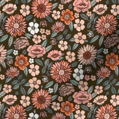 SMALL Happy Flowers fabric - 70s flowers, seventies floral, floral, retro floral, 60s flower fabric, 70s flower fabric, retro flowers fabric - dark