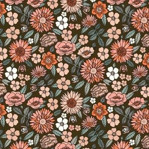 MINI Happy Flowers fabric - 70s flowers, seventies floral, floral, retro floral, 60s flower fabric, 70s flower fabric, retro flowers fabric - dark