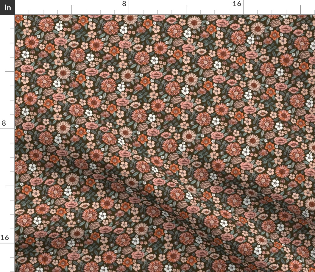 MINI Happy Flowers fabric - 70s flowers, seventies floral, floral, retro floral, 60s flower fabric, 70s flower fabric, retro flowers fabric - dark