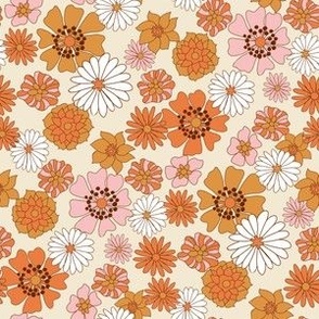 SMALL  boho floral fabric - retro 70s floral fabric, neutral trend - retro colors