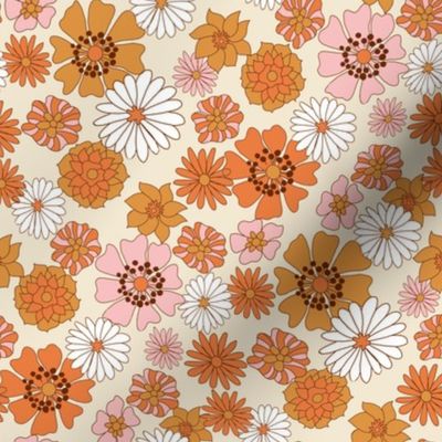 MED  boho floral fabric - retro 70s floral fabric, neutral trend - retro colors