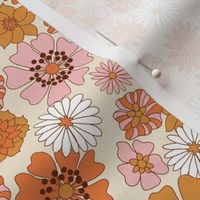 MED  boho floral fabric - retro 70s floral fabric, neutral trend - retro colors