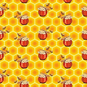  Bee on HoneyJar Seamless Pattern on Honeycomb Background