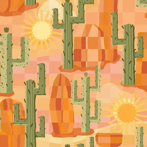Cactus with Desert Rocks and Sun