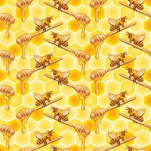  Bee on Honey Spoon Seamless Pattern on Orange Background