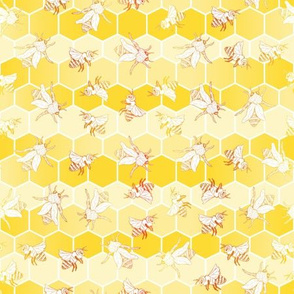 Red Line Art Vintage Bee Seamless Pattern on Honeycomb Background