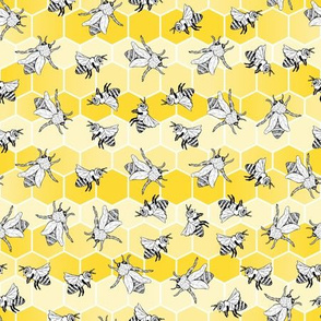 Black Bee Seamless Pattern on Honeycomb Background