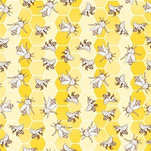 Line Art Vintage Bee Seamless Pattern on Honeycomb Background