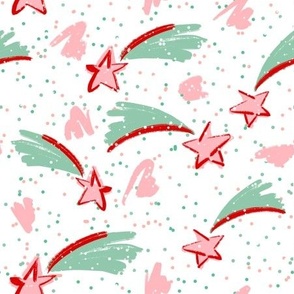 Christmas, baby stuff, shooting star, stars, kids design, for kids, Christmas pattern, soft palette, white background, light pink green, hand painted, kids room, kids stuff.