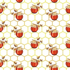  Bee on Honey Jar Seamless Pattern on Light Honeycomb Background