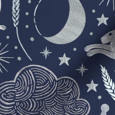 Harvest Moon Hares - Silver on indigo - large scale