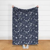 Harvest Moon Hares - Silver on indigo - large scale