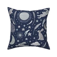 Harvest Moon Hares - Silver on indigo - large scale