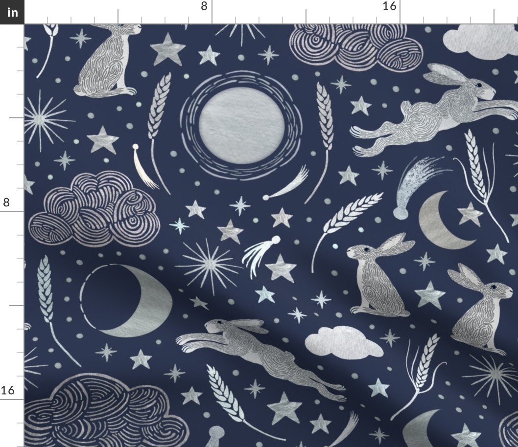 Harvest Moon Hares - Silver on indigo - large scale