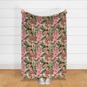 Vintage Birds + Pink Botanical Floral in Pink