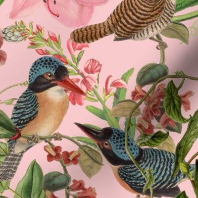 Vintage Birds + Pink Botanical Floral in Pink