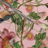 Vintage Birds + Pink Botanical Floral in Pink