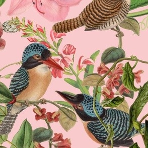 Vintage Birds + Pink Botanical Floral in Pink