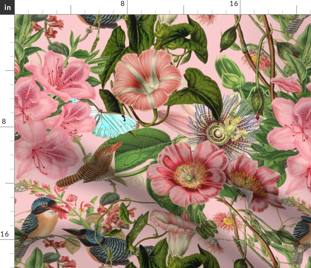 Vintage Birds + Pink Botanical Floral in Pink