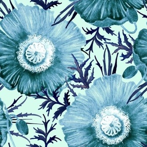 Large light blue poppy flowers on a light turquoise background