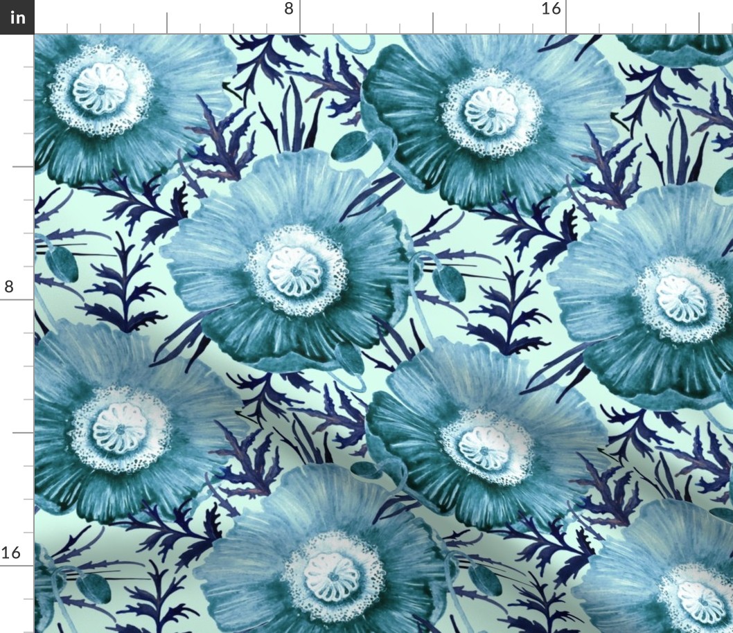 Large light blue poppy flowers on a light turquoise background