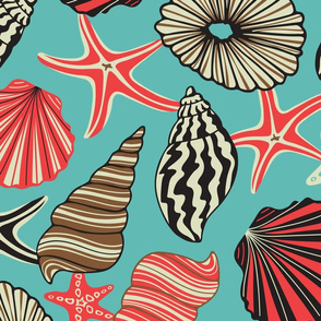 Ocean Jewels Coastal Ocean Sea Seashells Starfish in Turquoise Red Black Brown White -LARGE Scale - UnBlink Studio by Jackie Tahara