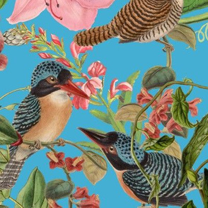 Vintage Birds + Pink Botanical Floral in Blue 