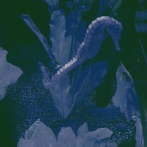 Moody Tropical Water Flora & Seahorse in Blue