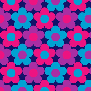 daisies purple, pink, blue on indigo