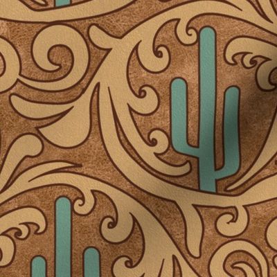 Wild West- Saguaro Tooled Leather Pattern- Verdigris Wheat Brown Leather Texture- Regular Scale
