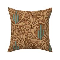 Wild West- Saguaro Tooled Leather Pattern- Verdigris Wheat Brown Leather Texture- Regular Scale