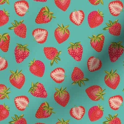 Red Strawberry ✦  Summer Fruit berries on aqua mint