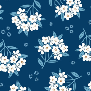 Spring blossom. Dark blue background. Wallpaper scale