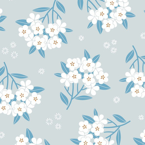 Spring foggy blossom. Gray background. Wallpaper scale