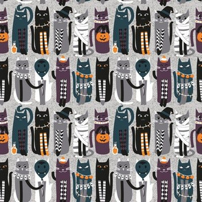 Tiny scale // High Gothic Halloween Cats // grey background orange grey pine green white and black kittens