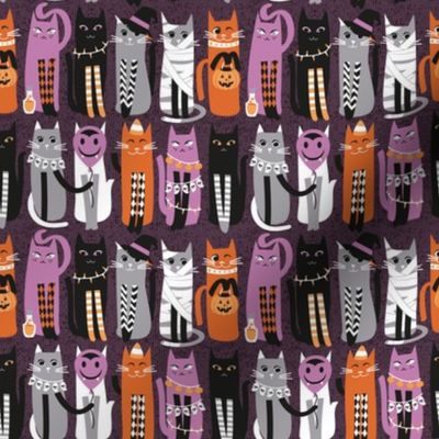 Tiny scale // High Gothic Halloween Cats // beet color background orange grey purple white and black kittens