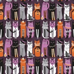 Tiny scale // High Gothic Halloween Cats // beet color background orange grey purple white and black kittens