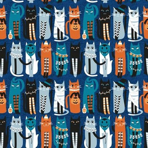 Tiny scale // High Gothic Halloween Cats // blue background orange turquoise blue white and black kittens