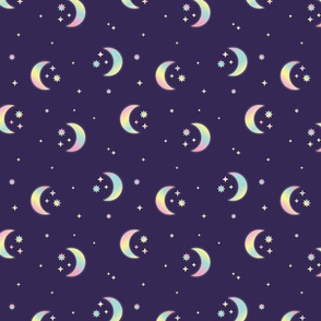 Fluorescent Crescent Moon and Stars on Night Sky seamless pattern background. 