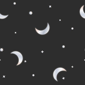 Night Sky of Crescent Moon and Stars with Silver Metal Effect seamless pattern background.