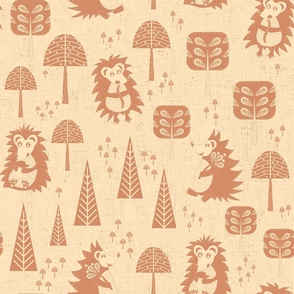 FALL 2021 HEDGEHOG AND FOREST TREES VANILLA AND TERRACOTTA  by art for joy lesja saramakova gajdosikova design