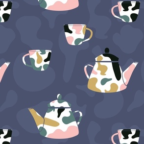 Tea Set with Organic Shapes on Blue seamless pattern background.