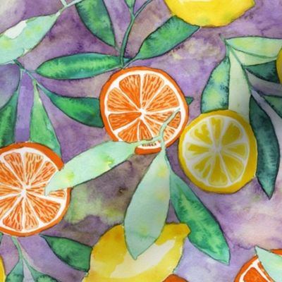 Lemons and oranges watercolor on purple