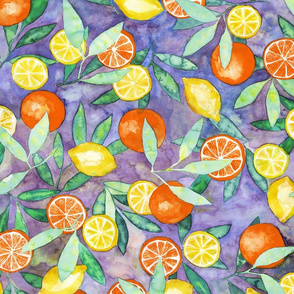 Lemons and oranges watercolor on purple